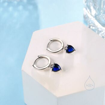 Sapphire Blue Heart Cz Huggie Hoop In Sterling Silver, 7 of 11