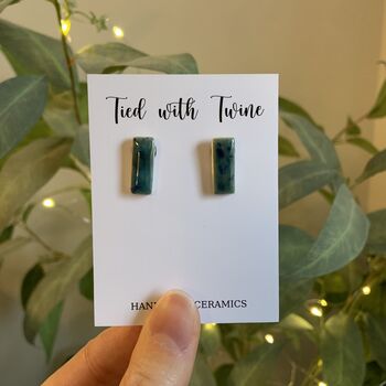 Crackle Blue Green Ceramic Bar Stud Earrings Minimalist Rectangular Studs, 7 of 11