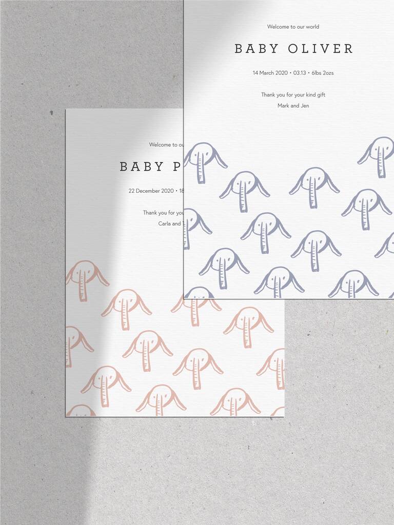 Image of 20 Elephant Photo Birth Announcement Thank You Cards