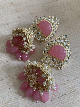 Pink Gold Kundan Jhumki Indian Earrings, 7 of 7