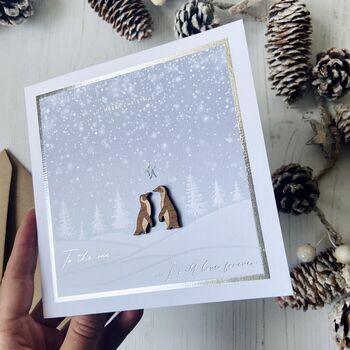 Penguin Couple Mistletoe Snowy Love Christmas Card, 3 of 10