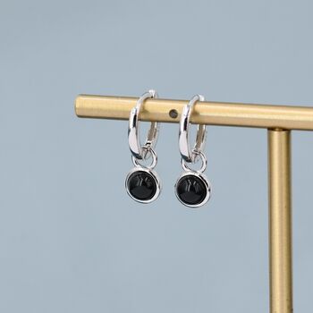 Sterling Silver Dangling Black Onyx Hoop Earrings, 5 of 11