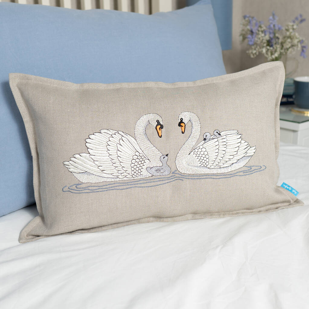 Embroidered Swan Family Cushion, 1 of 5