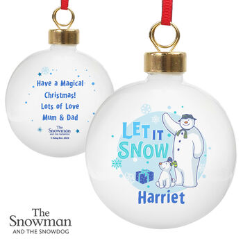 Personalised The Snowman And The Snowdog Blue Bauble, 4 of 4