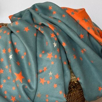 Wool Blend Little Stars Scarf In Teal And Orange, 2 of 3