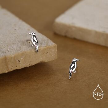 Sterling Silver Great Spotted Woodpecker Stud Earrings, 3 of 11