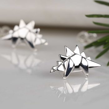 Solid Silver Origami Stegosaurus Earrings, 3 of 7