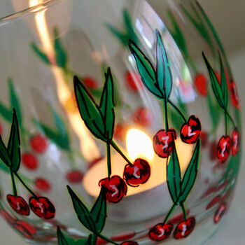 Cherry Painted Round Glass Tea Light Holder, 2 of 7