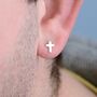 Unisex Sterling Silver Tiny Cross Stud Earrings, thumbnail 1 of 7