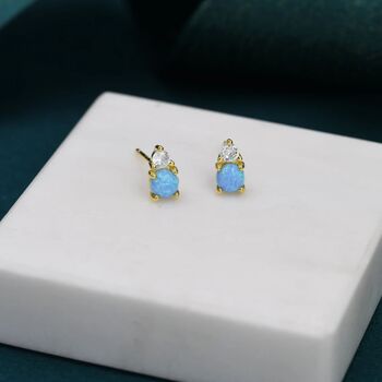 Sterling Silver Tiny Blue Opal And Cz Stud Earrings, 7 of 12