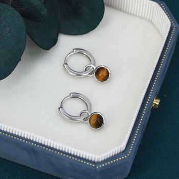 Sterling Silver Dangling Tiger's Eye Hoop Earrings, 5 of 12