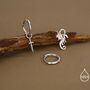 Mismatched Tiny Dragon And Sword Huggie Hoops In Sterling Silver, thumbnail 4 of 12
