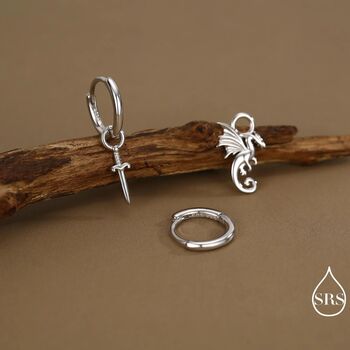 Mismatched Tiny Dragon And Sword Huggie Hoops In Sterling Silver, 4 of 12