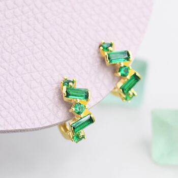 Emerald Green Cz Baguette Huggie Hoop Earrings, 6 of 11