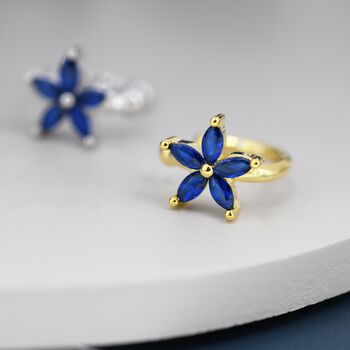 Sapphire Blue Cz Flower Ear Cuff In Sterling Silver, 4 of 9