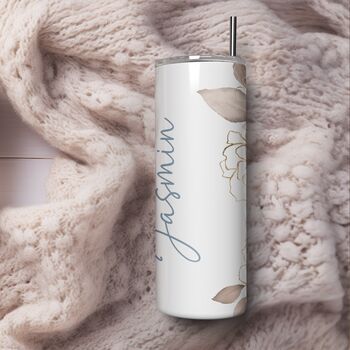 Custom Elegant Blue And Gold Floral Insulated Bottle Tumbler, 4 of 7