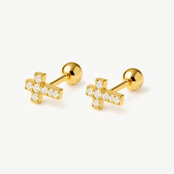 Women's 18k Gold Tiny Pavé Cross Stud Earrings, 3 of 4