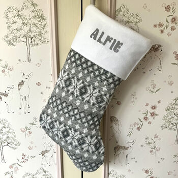 Personalised Pink/Grey Nordic Knitted Christmas Stocking, 5 of 8