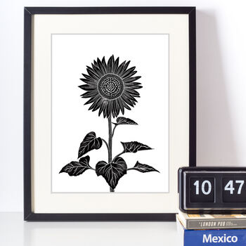 Single Sunflower Black And White Linocut Art Print, 2 of 4