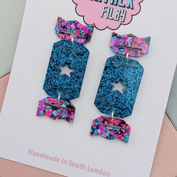 Christmas Cracker Glitzy Glitter Resin Christmas Earrings Red And Gold And Blue And Purple, 6 of 8