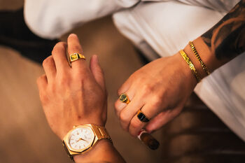 Men's Gold White Line Onyx Square Gemstone Signet Ring, 4 of 12