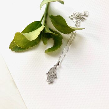 Sterling Silver And Cubic Zirconia Hamsa Hand Necklace, 4 of 4