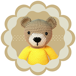 Crochet bear with logo text "What Katie Did Crochet"