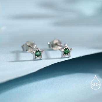 Tiny Emerald Green Cz Star Stud Earrings, 2 of 12