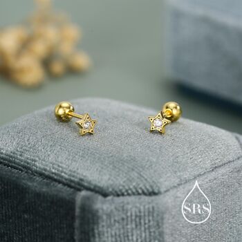 Sterling Silver Cz Star 18g Ball Back Screw Back Earrings, 3 of 11