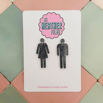 Male And Female Toilet Sign Glitter Earrings / Restroom Icon Statement Dangles / Pop Art Jewellery / Birthday Gift For Her, 6 of 8