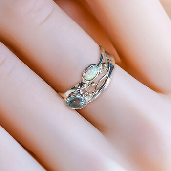 Molten Sterling Silver Blue Topaz And White Opal Ring, 2 of 6