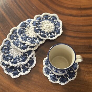 Six Crochet Coasters, Blue White, Citrus, Sunflower, 4 of 12