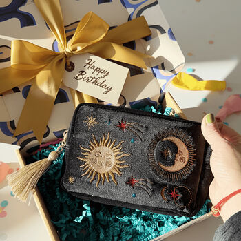 Personalised Velvet Travel Make Up Bag With Green Glitter Name – Embroidered Sun, Moon And Stars, 2 of 10