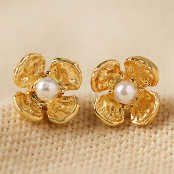 Small Flower And Pearl Stud Earrings In Gold Plating, 2 of 5