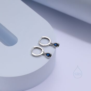 Tiny Sapphire Blue Droplet Cz Huggie Hoop Earrings, 3 of 10