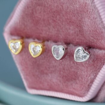 Tiny Cz Heart Stud Earrings In Sterling Silver, 4 of 10