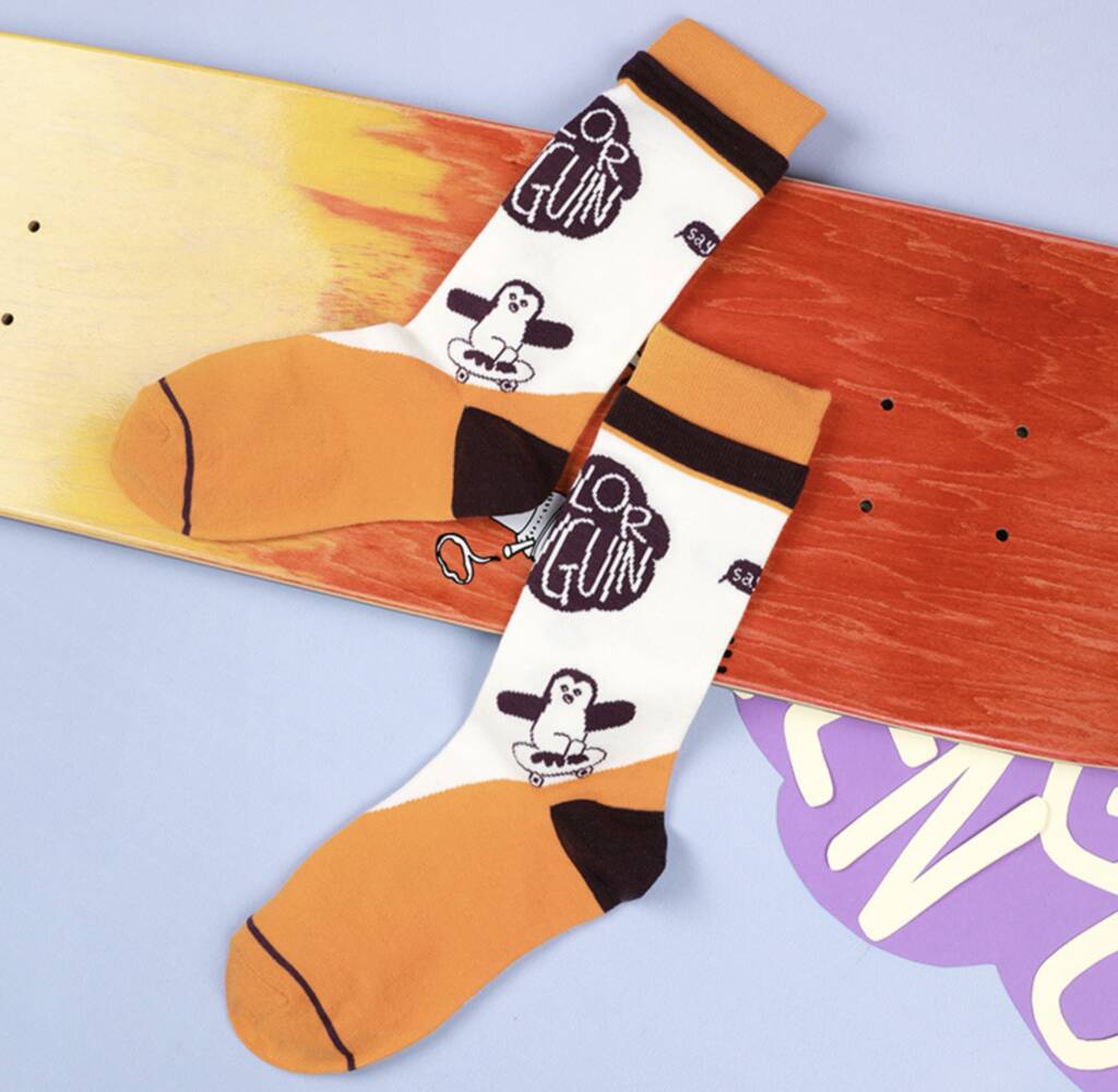 Yellow Penguin Print Mid Calf Length Socks, 1 of 3