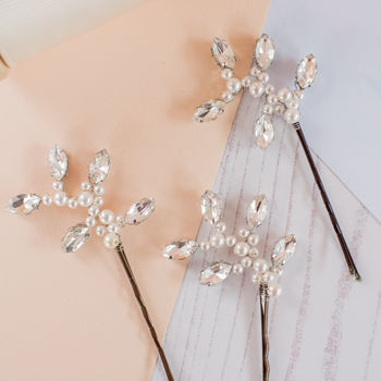 Set Of Three Diamante And Pearl Bridal Pins, 2 of 7