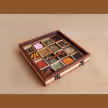 Dual Tone Wooden Handmade Spice Box 16 Compartment, 3 of 6