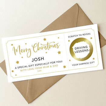 Personalised Christmas Surprise Scratch Card: Stars And Gold Circle Design, 2 of 8