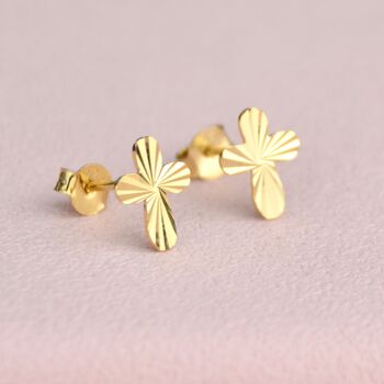 Gold Faceted Cross Stud Earrings, 2 of 5