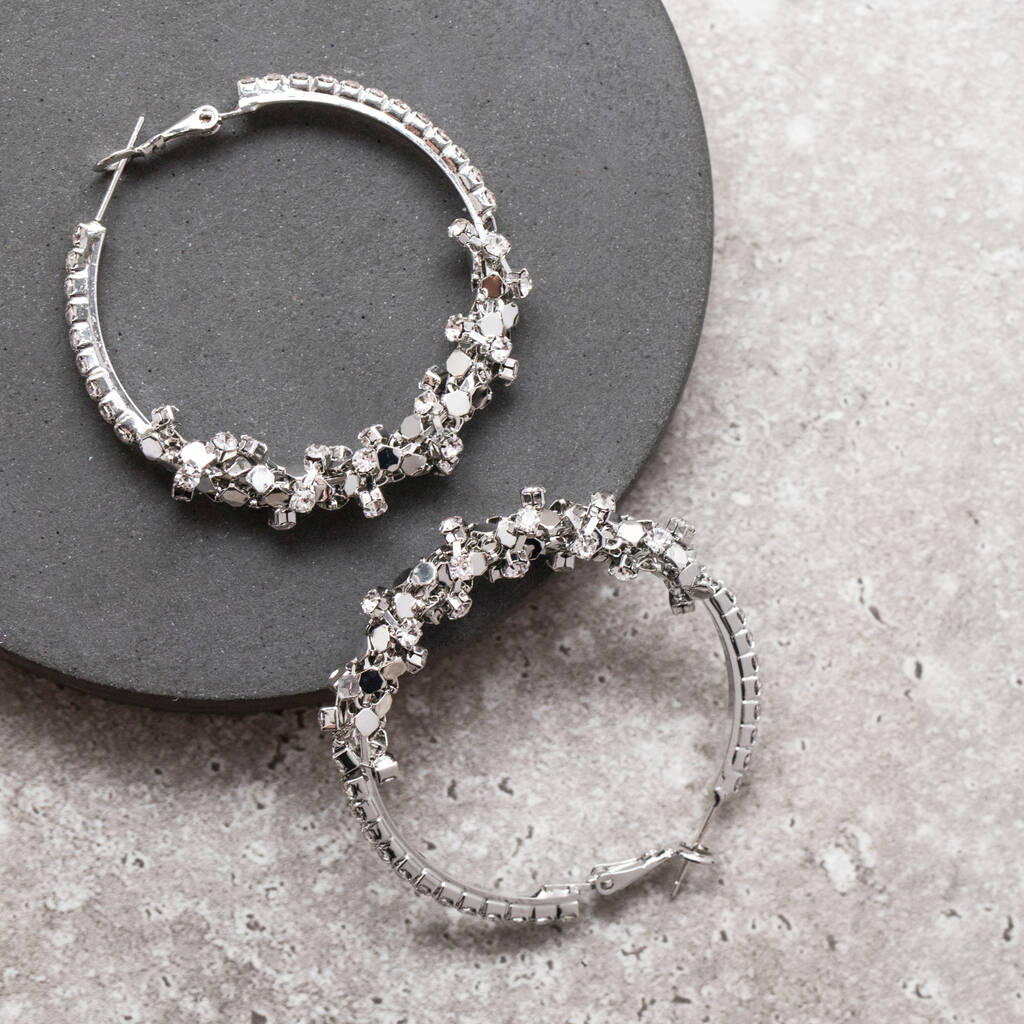Silver Colour Rock Crystal Design Large Hoop Earrings, 1 of 3