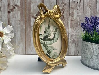 Gold Bow Oval Photo Frame 6x4' 10x15cm Portrait Design Freestanding, 4 of 5