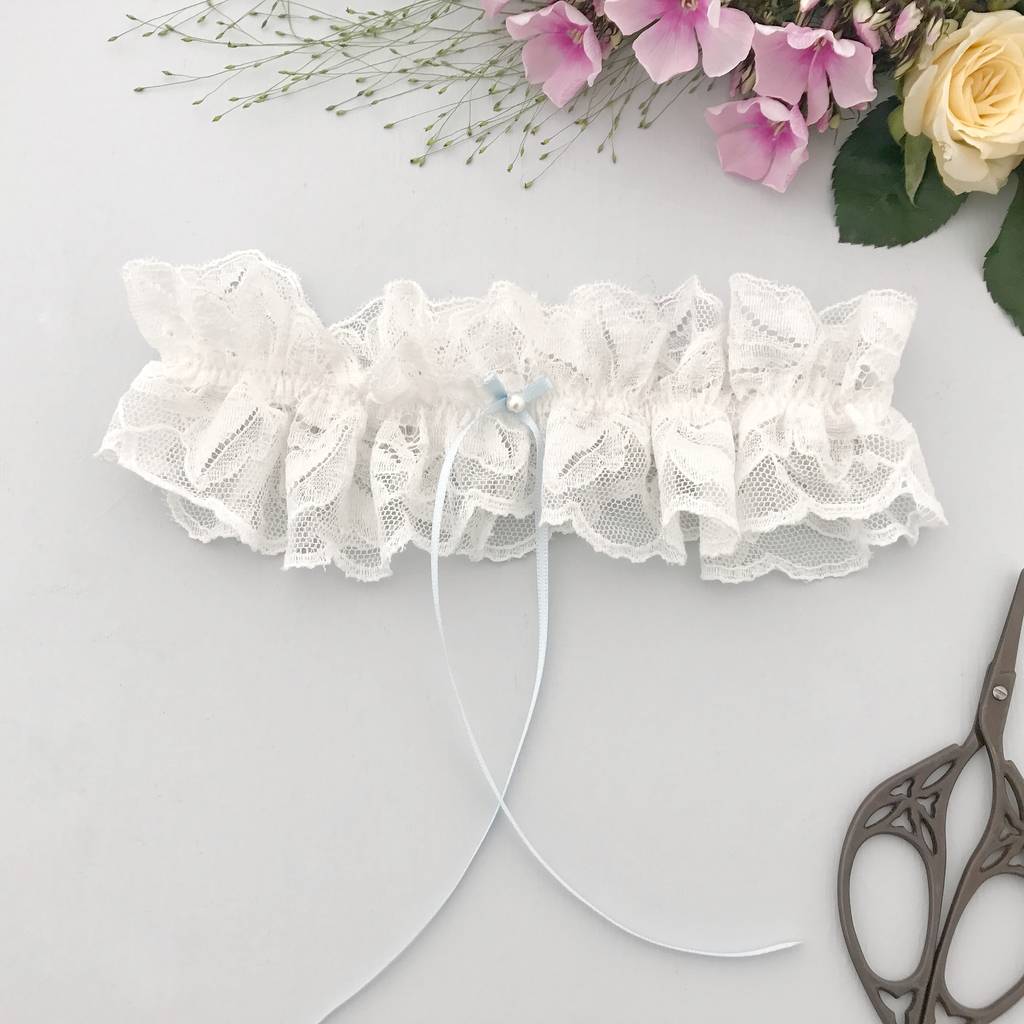 Lace Bridal Garter With Something Blue Satin Bow, 1 of 10