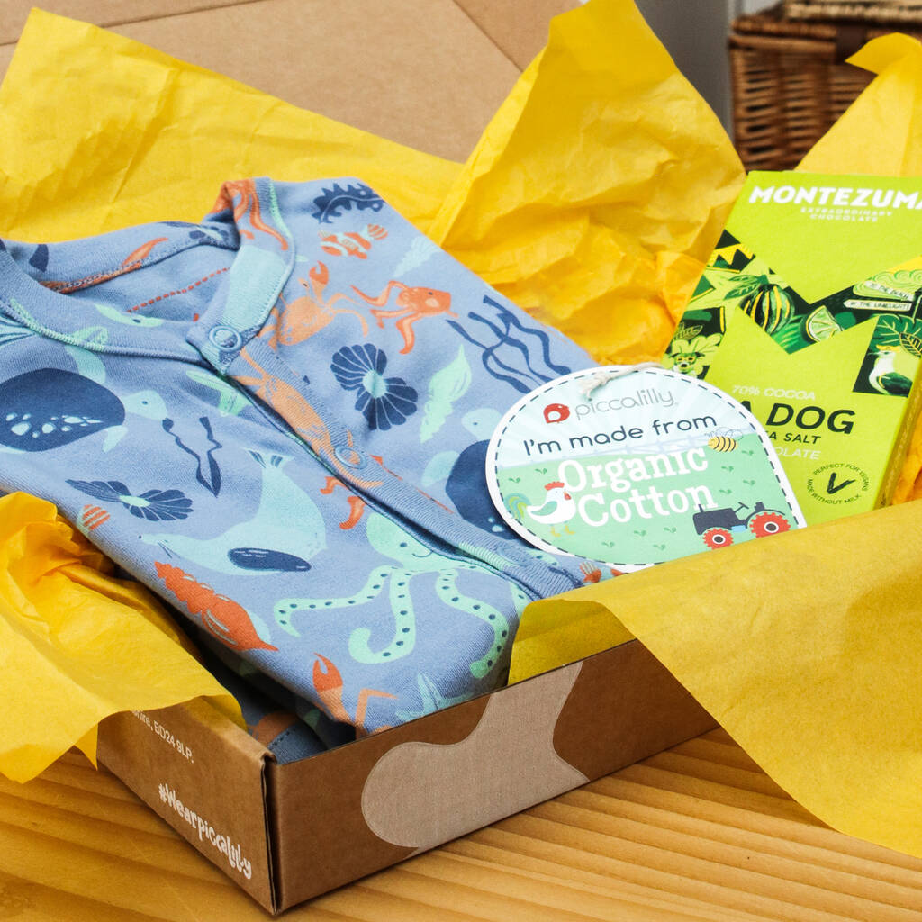 Baby Gift Box With Sleepsuit And Chocolate Bar By Piccalilly