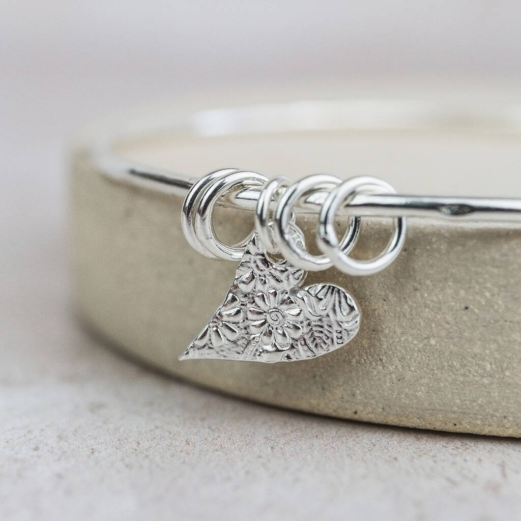 Sterling Silver Textured Tilted Heart Charm Bangle, 1 of 7