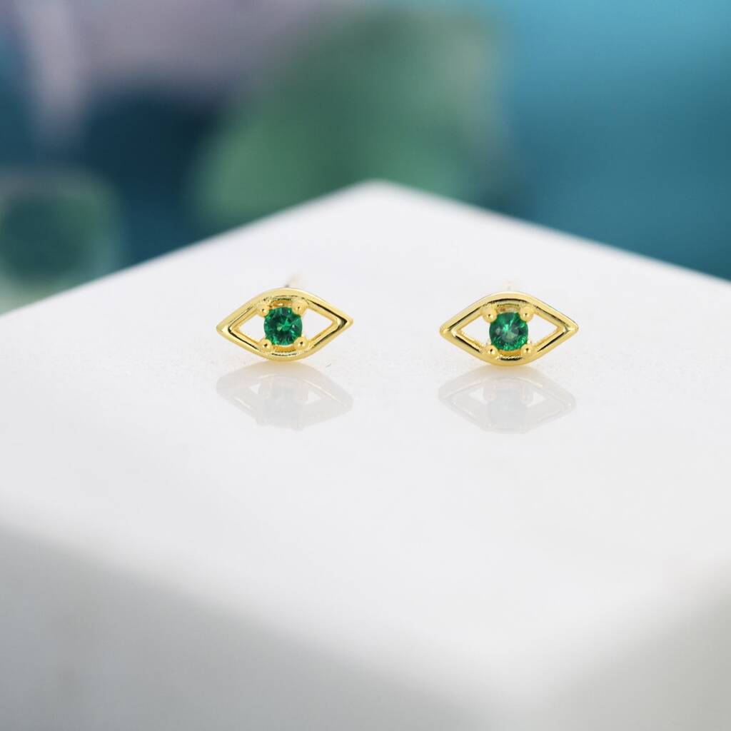 Gold Evil Eye Studs | Emerald Eye Earrings | Gemstone Earrings | Minimalist Earrings | Genuine Emerald | top Green Gemstone Earrings