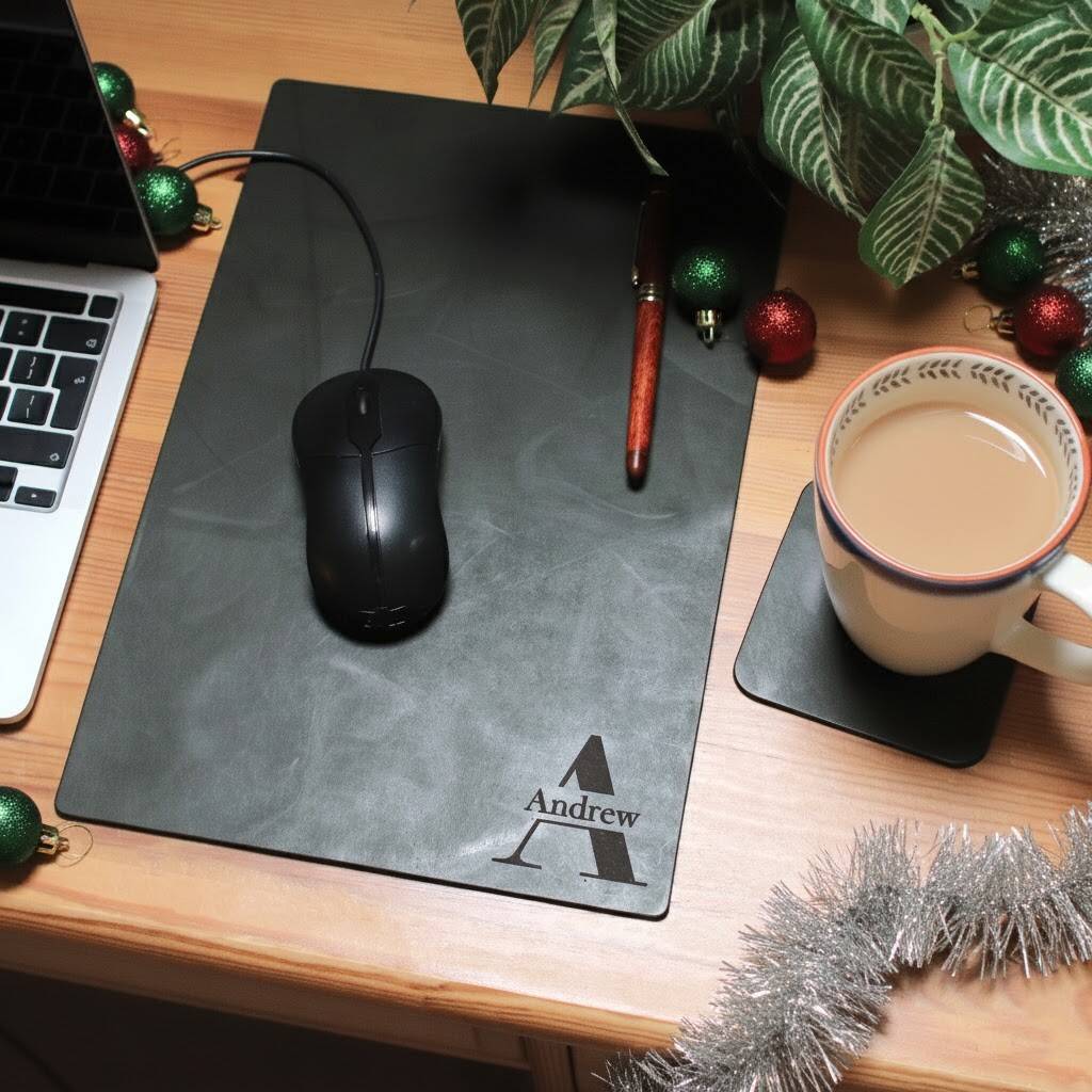 Personalised Name Leather Mouse Pad And Coaster Set Christmas Gift For Him Or Her, 1 of 12