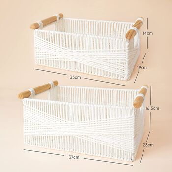 Set Of Two White Woven Baskets With Wood Handles, 3 of 4