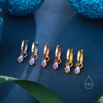 Moonstone Droplet Huggie Hoop Earrings In Sterling Silver, 2 of 10